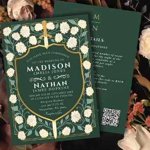 Green Sword Shield Fantasy Wedding QR-code Kaart