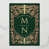 Green Sword Shield middeleeuwse monogram bruiloft Folie Uitnodiging (Achterkant)