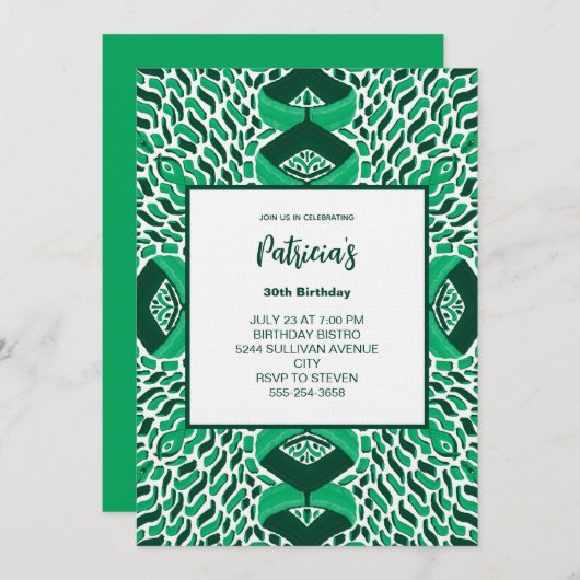 Green Symmetric Pattern Birthday Invitation (Devant / Derrière)