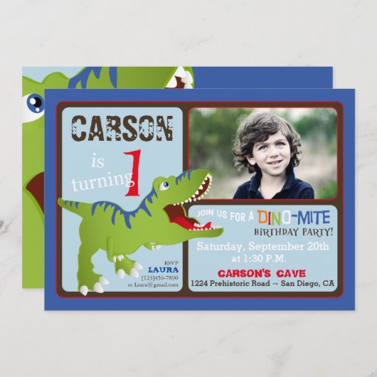 Green T-Rex Dinosaur First Birthday Invite Kaart (Voorkant / Achterkant)