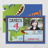Green T-Rex Dinosaur Fourth Birthday Invite Kaart (Voorkant / Achterkant)