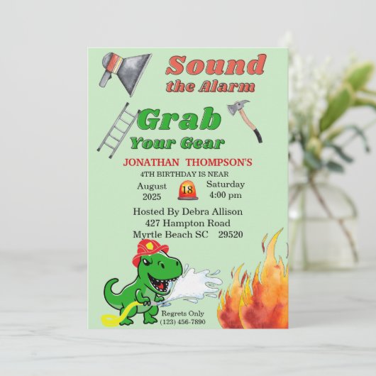 Green T Rex Firemans Invitation de fête d'annivers (Debout devant)