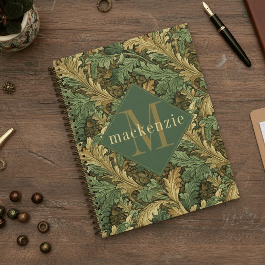 Green Tan Foliage William Morris Elegant Monogram Planner