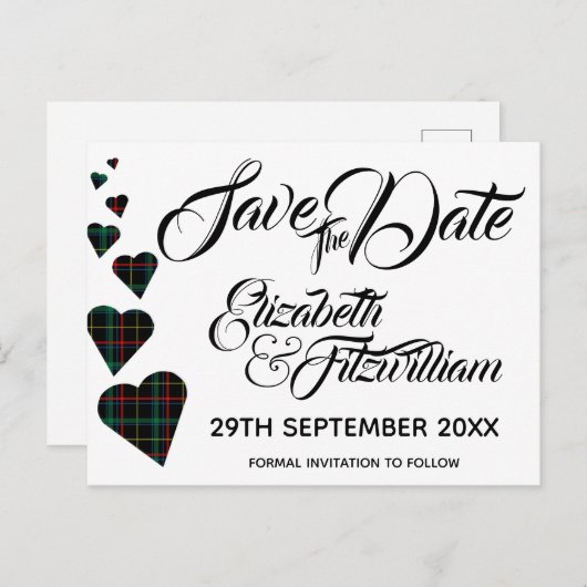 Green Tartan Hearts Enregistrer la date Carte post (Devant / Derrière)