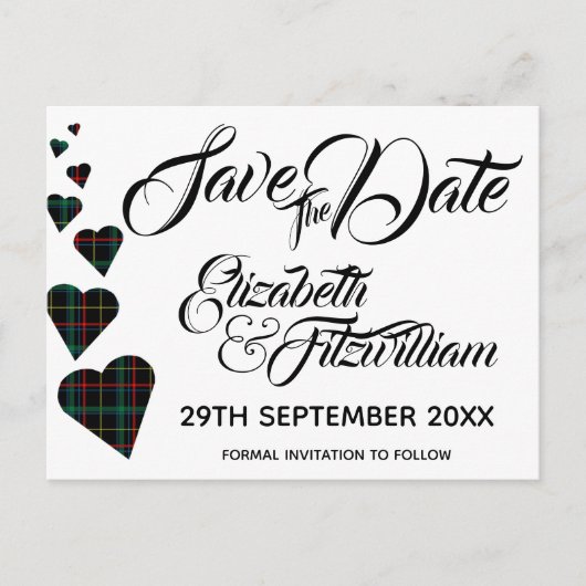 Green Tartan Hearts Enregistrer la date Carte post (Devant)