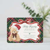 Green Tartan Plaid Christmas Bear Baby Registry Informatiekaartje (Staand voorkant)