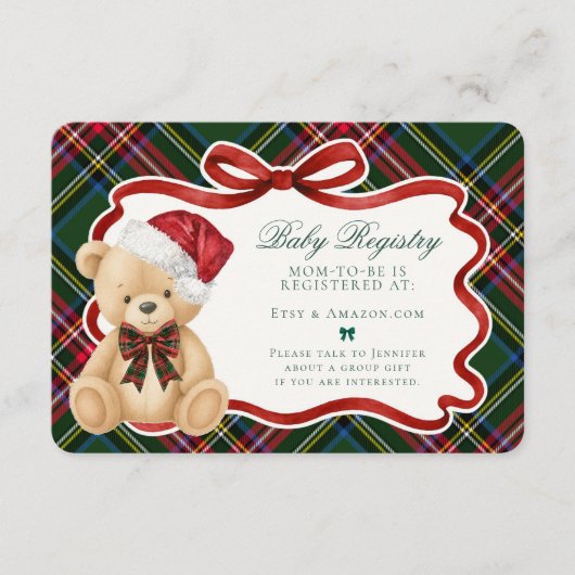 Green Tartan Plaid Christmas Bear Baby Registry Informatiekaartje (Voorkant)