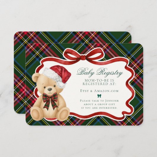 Green Tartan Plaid Christmas Bear Baby Registry Informatiekaartje (Voorkant / Achterkant)