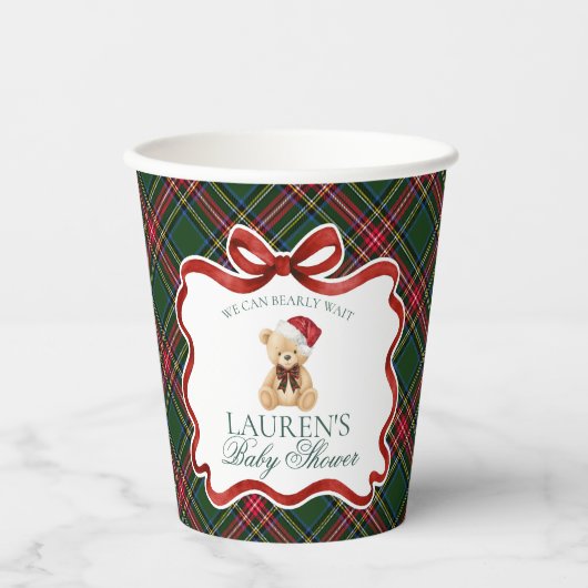 Green Tartan Plaid Christmas Bear Baby Shower Papieren Bekers (Voorkant)