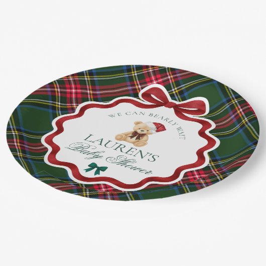 Green Tartan Plaid Christmas Bear Baby Shower Papieren Bordje (Gekanteld)