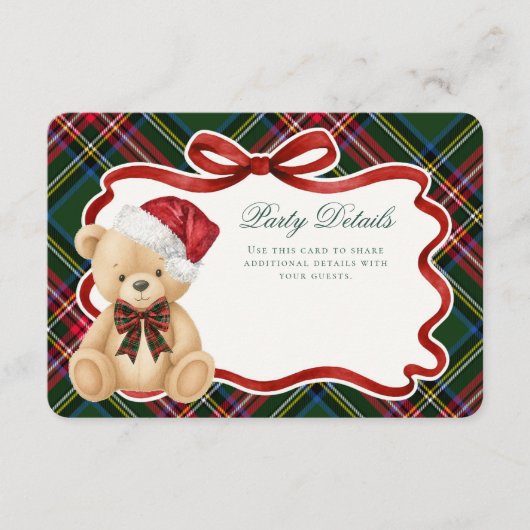 Green Tartan Plaid Christmas Bear Details Informatiekaartje (Voorkant)