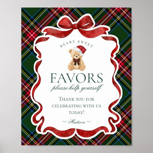 Green Tartan Plaid Christmas Bear Party Favor Sign Poster (Voorkant)