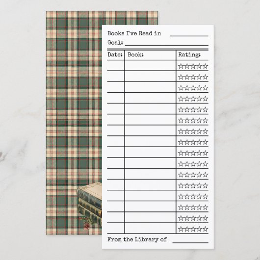 Green Tartan-Plaid Reading List Tracker Flat Card (Voorkant / Achterkant)