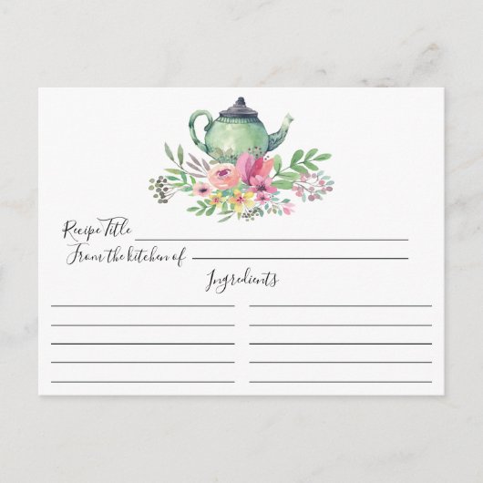 Green Tea Pot Floral Recipe Card Briefkaart (Voorkant)