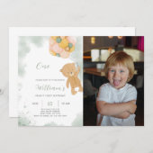 Green Teddy Anniversaire Invitation Avec Photo (Devant / Derrière)
