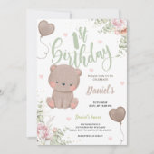 Green Teddy Bear First Birthday Invitation Card (Devant)