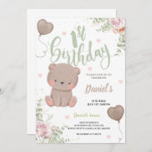 Green Teddy Bear First Birthday Invitation Card (Devant / Derrière)