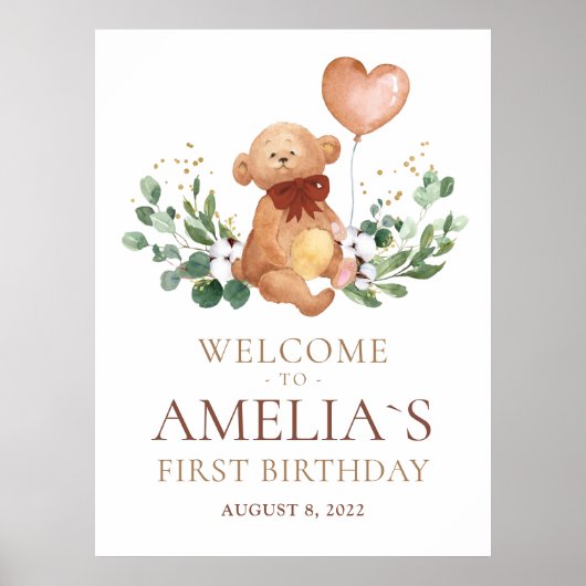 Green Teddy Bear Welcome Baby Birthday Poster (Devant)