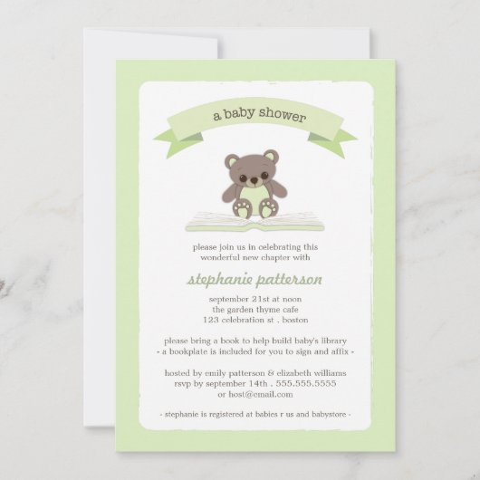 Green Teddy Invitation à un Baby shower de livre (Devant)