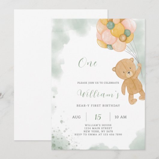 Green Teddy Invitation d'anniversaire (Devant / Derrière)