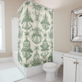 Green Toile Christmas Bells & Ornaments Pattern Douchegordijn (In situ)