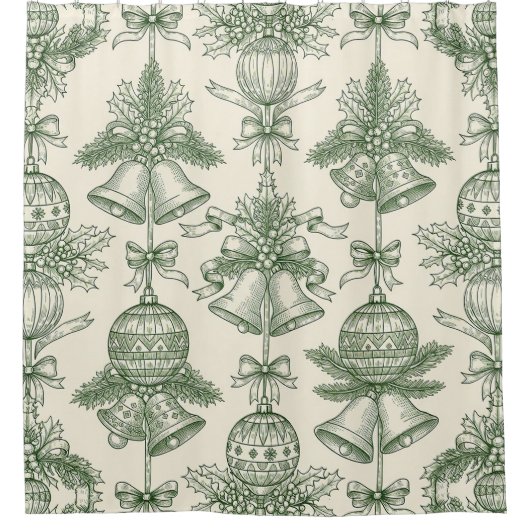 Green Toile Christmas Bells & Ornaments Pattern Douchegordijn (Voorkant)