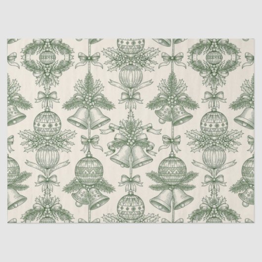 Green Toile Christmas Bells & Ornaments Pattern Tissuepapier (Voorkant)