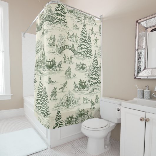 Green Toile Christmas Sleigh Ride Pattern (3) Douchegordijn (In situ)