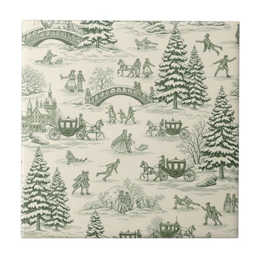 Green Toile Christmas Sleigh Ride Pattern (3) Tegeltje (Voorkant)