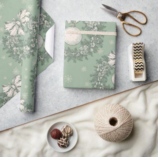 Green Toile Christmas Wreath Pattern Cadeaupapier (Crafts)