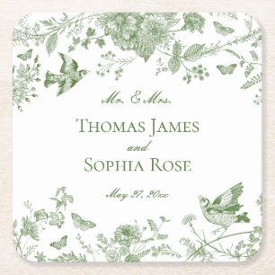 Green Toile De Jouy  Bloemen Huwelijk Vierkante Kartonnen Onderzetter