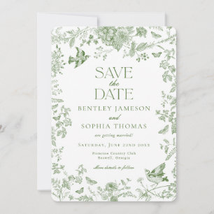 Green Toile De Jouy  Floral Save the Date Kaart
