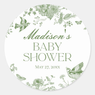 Green Toile Jouy  Floral Baby shower Favo Ronde Sticker