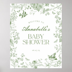 Green Toile Jouy Floral Baby shower Welkomstbord Poster