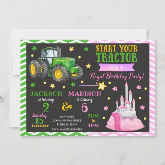 Green Tractor and Princess Joint Birthday Kaart (Voorkant)