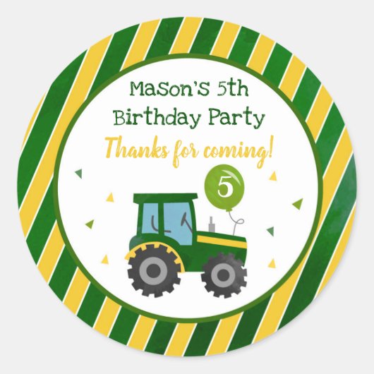 Green Tractor Anniversaire Fête Favoriser Stickers (Devant)