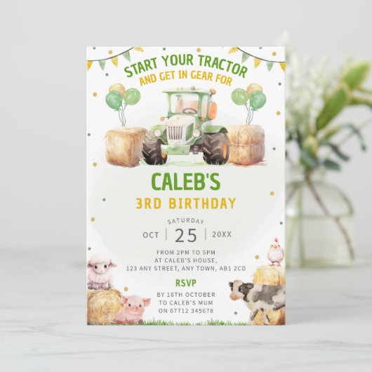 Green Tractor Anniversaire Fête Invitation Thème d (Debout devant)