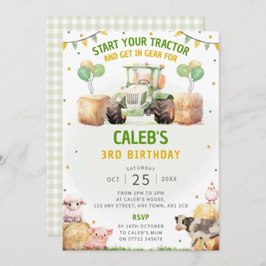 Green Tractor Anniversaire Fête Invitation Thème d (Devant / Derrière)