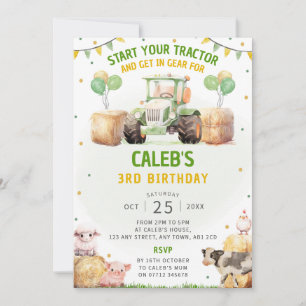 Green Tractor Anniversaire Fête Invitation Thème d