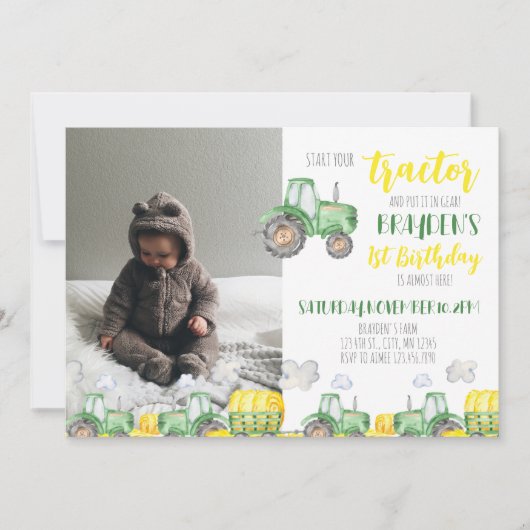 Green Tractor Anniversaire Photo Invitation (Devant)