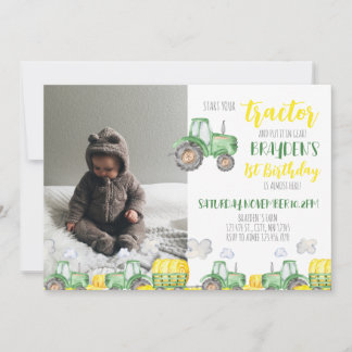 Green Tractor Anniversaire Photo Invitation