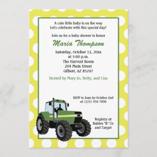 Green Tractor Baby shower 5x7 Uitnodiging (geel)