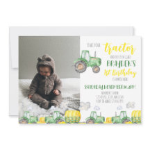 Green Tractor Birthday Photo Invitation