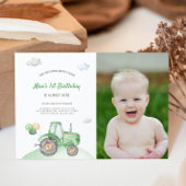 Green Tractor Birthday Photo Invitation Kaart