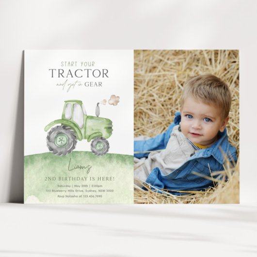 Green Tractor Birthday Photo Invitation Kaart