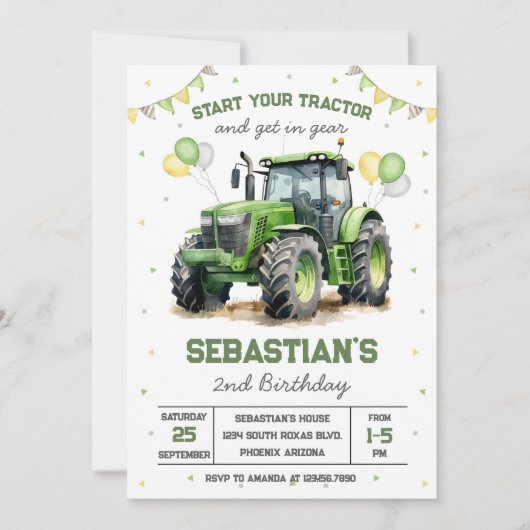 Green Tractor Boy Birthday Invitation (Devant)