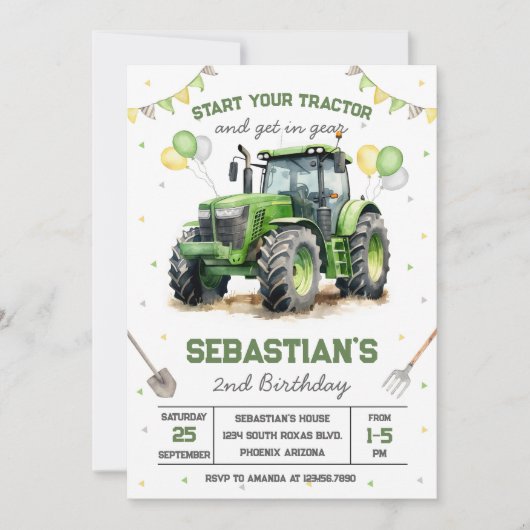 Green Tractor Boy Birthday Invitation (Devant)