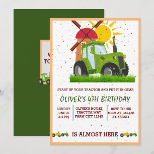 Green Tractor Boys Thmed Birthday Party Kaart