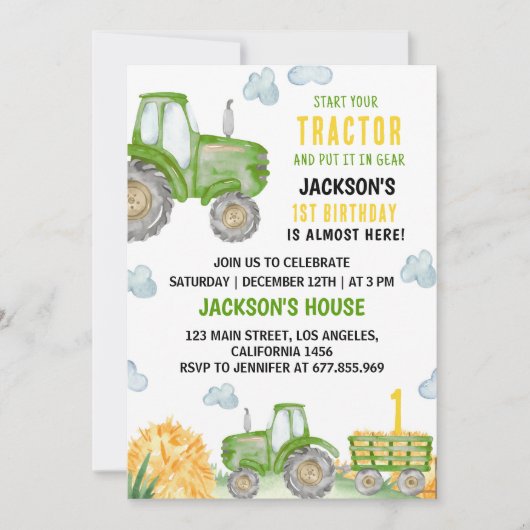 Green Tractor Farm Invitation de fête d'anniversai (Devant)