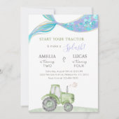 Green Tractor & Mermaid Siblings Joint Birthday Kaart (Voorkant)